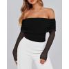 imageBTFBM Off The Shoulder Tops for Women 2025 Long Sleeve Shirts Y2K Slim Fit Going Out Tops Ruched Stretchy Mesh Crop TopBlack