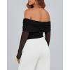 imageBTFBM Off The Shoulder Tops for Women 2025 Long Sleeve Shirts Y2K Slim Fit Going Out Tops Ruched Stretchy Mesh Crop TopBlack
