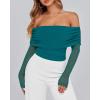 imageBTFBM Off The Shoulder Tops for Women 2025 Long Sleeve Shirts Y2K Slim Fit Going Out Tops Ruched Stretchy Mesh Crop TopBlue Green