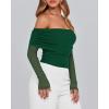imageBTFBM Off The Shoulder Tops for Women 2025 Long Sleeve Shirts Y2K Slim Fit Going Out Tops Ruched Stretchy Mesh Crop TopDark Green