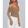 imageBTFBM Off The Shoulder Tops for Women 2025 Long Sleeve Shirts Y2K Slim Fit Going Out Tops Ruched Stretchy Mesh Crop TopKhaki