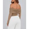 imageBTFBM Off The Shoulder Tops for Women 2025 Long Sleeve Shirts Y2K Slim Fit Going Out Tops Ruched Stretchy Mesh Crop TopKhaki