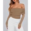 imageBTFBM Off The Shoulder Tops for Women 2025 Long Sleeve Shirts Y2K Slim Fit Going Out Tops Ruched Stretchy Mesh Crop TopKhaki