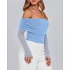 imageBTFBM Off The Shoulder Tops for Women 2025 Long Sleeve Shirts Y2K Slim Fit Going Out Tops Ruched Stretchy Mesh Crop TopLight Blue