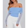 imageBTFBM Off The Shoulder Tops for Women 2025 Long Sleeve Shirts Y2K Slim Fit Going Out Tops Ruched Stretchy Mesh Crop TopLight Blue