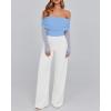 imageBTFBM Off The Shoulder Tops for Women 2025 Long Sleeve Shirts Y2K Slim Fit Going Out Tops Ruched Stretchy Mesh Crop TopLight Blue