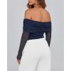 imageBTFBM Off The Shoulder Tops for Women 2025 Long Sleeve Shirts Y2K Slim Fit Going Out Tops Ruched Stretchy Mesh Crop TopNavy
