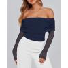 imageBTFBM Off The Shoulder Tops for Women 2025 Long Sleeve Shirts Y2K Slim Fit Going Out Tops Ruched Stretchy Mesh Crop TopNavy
