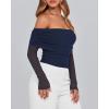 imageBTFBM Off The Shoulder Tops for Women 2025 Long Sleeve Shirts Y2K Slim Fit Going Out Tops Ruched Stretchy Mesh Crop TopNavy