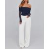 imageBTFBM Off The Shoulder Tops for Women 2025 Long Sleeve Shirts Y2K Slim Fit Going Out Tops Ruched Stretchy Mesh Crop TopNavy