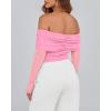imageBTFBM Off The Shoulder Tops for Women 2025 Long Sleeve Shirts Y2K Slim Fit Going Out Tops Ruched Stretchy Mesh Crop TopPink