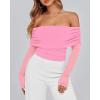 imageBTFBM Off The Shoulder Tops for Women 2025 Long Sleeve Shirts Y2K Slim Fit Going Out Tops Ruched Stretchy Mesh Crop TopPink