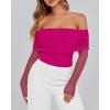 imageBTFBM Off The Shoulder Tops for Women 2025 Long Sleeve Shirts Y2K Slim Fit Going Out Tops Ruched Stretchy Mesh Crop TopRose Red
