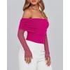 imageBTFBM Off The Shoulder Tops for Women 2025 Long Sleeve Shirts Y2K Slim Fit Going Out Tops Ruched Stretchy Mesh Crop TopRose Red