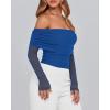imageBTFBM Off The Shoulder Tops for Women 2025 Long Sleeve Shirts Y2K Slim Fit Going Out Tops Ruched Stretchy Mesh Crop TopRoyal Blue
