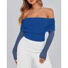 imageBTFBM Off The Shoulder Tops for Women 2025 Long Sleeve Shirts Y2K Slim Fit Going Out Tops Ruched Stretchy Mesh Crop TopRoyal Blue