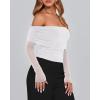 imageBTFBM Off The Shoulder Tops for Women 2025 Long Sleeve Shirts Y2K Slim Fit Going Out Tops Ruched Stretchy Mesh Crop TopWhite