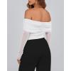 imageBTFBM Off The Shoulder Tops for Women 2025 Long Sleeve Shirts Y2K Slim Fit Going Out Tops Ruched Stretchy Mesh Crop TopWhite