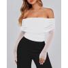 imageBTFBM Off The Shoulder Tops for Women 2025 Long Sleeve Shirts Y2K Slim Fit Going Out Tops Ruched Stretchy Mesh Crop TopWhite