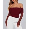 imageBTFBM Off The Shoulder Tops for Women 2025 Long Sleeve Shirts Y2K Slim Fit Going Out Tops Ruched Stretchy Mesh Crop TopWine Red
