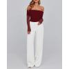 imageBTFBM Off The Shoulder Tops for Women 2025 Long Sleeve Shirts Y2K Slim Fit Going Out Tops Ruched Stretchy Mesh Crop TopWine Red