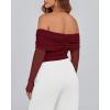 imageBTFBM Off The Shoulder Tops for Women 2025 Long Sleeve Shirts Y2K Slim Fit Going Out Tops Ruched Stretchy Mesh Crop TopWine Red
