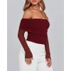 imageBTFBM Off The Shoulder Tops for Women 2025 Long Sleeve Shirts Y2K Slim Fit Going Out Tops Ruched Stretchy Mesh Crop TopWine Red