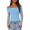 imageBTFBM Off The Shoulder Tops for Women 2025 Long Sleeve Shirts Y2K Slim Fit Going Out Tops Ruched Stretchy Mesh Crop TopLight Blue