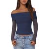 imageBTFBM Off The Shoulder Tops for Women 2025 Long Sleeve Shirts Y2K Slim Fit Going Out Tops Ruched Stretchy Mesh Crop TopNavy