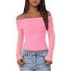 imageBTFBM Off The Shoulder Tops for Women 2025 Long Sleeve Shirts Y2K Slim Fit Going Out Tops Ruched Stretchy Mesh Crop TopPink