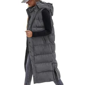 imageBTFBM Long Puffer Vest Women Quilted Hooded Button Down Zip Up Sleeveless Vests Outerwear Padded Jacket Fall Winter CoatDark Grey