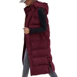 imageBTFBM Long Puffer Vest Women Quilted Hooded Button Down Zip Up Sleeveless Vests Outerwear Padded Jacket Fall Winter CoatWine Red