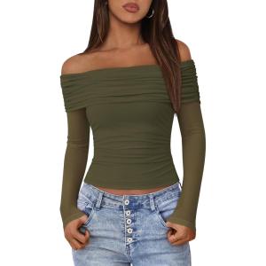 imageBTFBM Off The Shoulder Tops for Women 2025 Long Sleeve Shirts Y2K Slim Fit Going Out Tops Ruched Stretchy Mesh Crop TopArmy Green