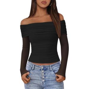 imageBTFBM Off The Shoulder Tops for Women 2025 Long Sleeve Shirts Y2K Slim Fit Going Out Tops Ruched Stretchy Mesh Crop TopBlack