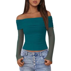 imageBTFBM Off The Shoulder Tops for Women 2025 Long Sleeve Shirts Y2K Slim Fit Going Out Tops Ruched Stretchy Mesh Crop TopBlue Green