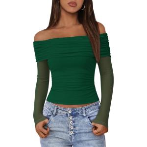 imageBTFBM Off The Shoulder Tops for Women 2025 Long Sleeve Shirts Y2K Slim Fit Going Out Tops Ruched Stretchy Mesh Crop TopDark Green