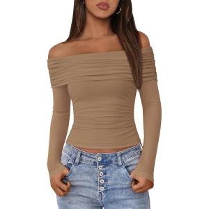 imageBTFBM Off The Shoulder Tops for Women 2025 Long Sleeve Shirts Y2K Slim Fit Going Out Tops Ruched Stretchy Mesh Crop TopKhaki