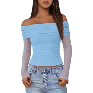 imageBTFBM Off The Shoulder Tops for Women 2025 Long Sleeve Shirts Y2K Slim Fit Going Out Tops Ruched Stretchy Mesh Crop TopLight Blue