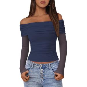 imageBTFBM Off The Shoulder Tops for Women 2025 Long Sleeve Shirts Y2K Slim Fit Going Out Tops Ruched Stretchy Mesh Crop TopNavy