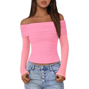 imageBTFBM Off The Shoulder Tops for Women 2025 Long Sleeve Shirts Y2K Slim Fit Going Out Tops Ruched Stretchy Mesh Crop TopPink