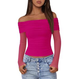 imageBTFBM Off The Shoulder Tops for Women 2025 Long Sleeve Shirts Y2K Slim Fit Going Out Tops Ruched Stretchy Mesh Crop TopRose Red
