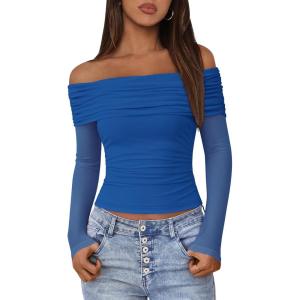 imageBTFBM Off The Shoulder Tops for Women 2025 Long Sleeve Shirts Y2K Slim Fit Going Out Tops Ruched Stretchy Mesh Crop TopRoyal Blue
