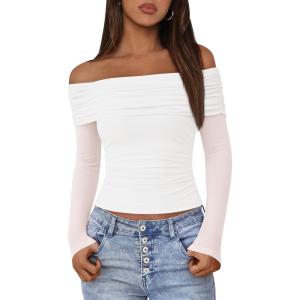 imageBTFBM Off The Shoulder Tops for Women 2025 Long Sleeve Shirts Y2K Slim Fit Going Out Tops Ruched Stretchy Mesh Crop TopWhite