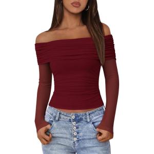 imageBTFBM Off The Shoulder Tops for Women 2025 Long Sleeve Shirts Y2K Slim Fit Going Out Tops Ruched Stretchy Mesh Crop TopWine Red