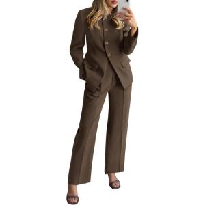imageBTFBM Two Piece Set for Women Fall Fashion 2025 Business Casual Long Sleeve Blazer Jackets Wide Leg Pant Suits PocketsBrown