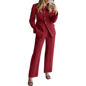 imageBTFBM Two Piece Set for Women Fall Fashion 2025 Business Casual Long Sleeve Blazer Jackets Wide Leg Pant Suits PocketsRed