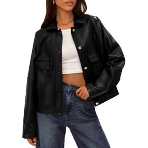 imageBTFBM Womens Faux Leather Jacket Fall Winter Clothes 2025 Long Sleeve Button Down Oversized Motorcycle Coats OutwearBlack