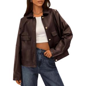 imageBTFBM Womens Faux Leather Jacket Fall Winter Clothes 2025 Long Sleeve Button Down Oversized Motorcycle Coats OutwearDark Coffee