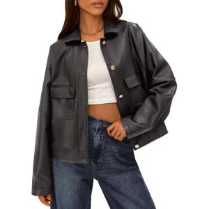 imageBTFBM Womens Faux Leather Jacket Fall Winter Clothes 2025 Long Sleeve Button Down Oversized Motorcycle Coats OutwearGrey