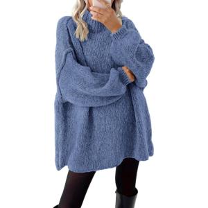 imageBTFBM Womens Long Pullover Sweaters 2025 Fall Winter Mock Neck Long Sleeve Thick Oversized Casual Knitted Jumper TopsBlue